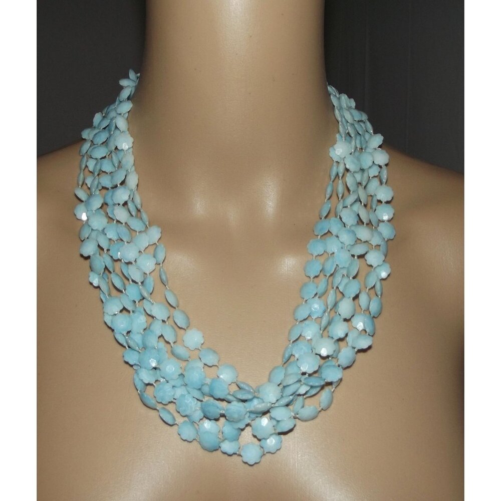 Vintage Necklace Multi Strand Little LIght Blue Plastic Flowers Hong Kong